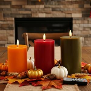 3 Pcs Flameless Candles Battery Operated Wax LED Flickering Flameless Pillar Candles with Remote for Halloween Christmas Home Wedding Autumn Decor(Dark Orange,Burgundy,Dark Brown)