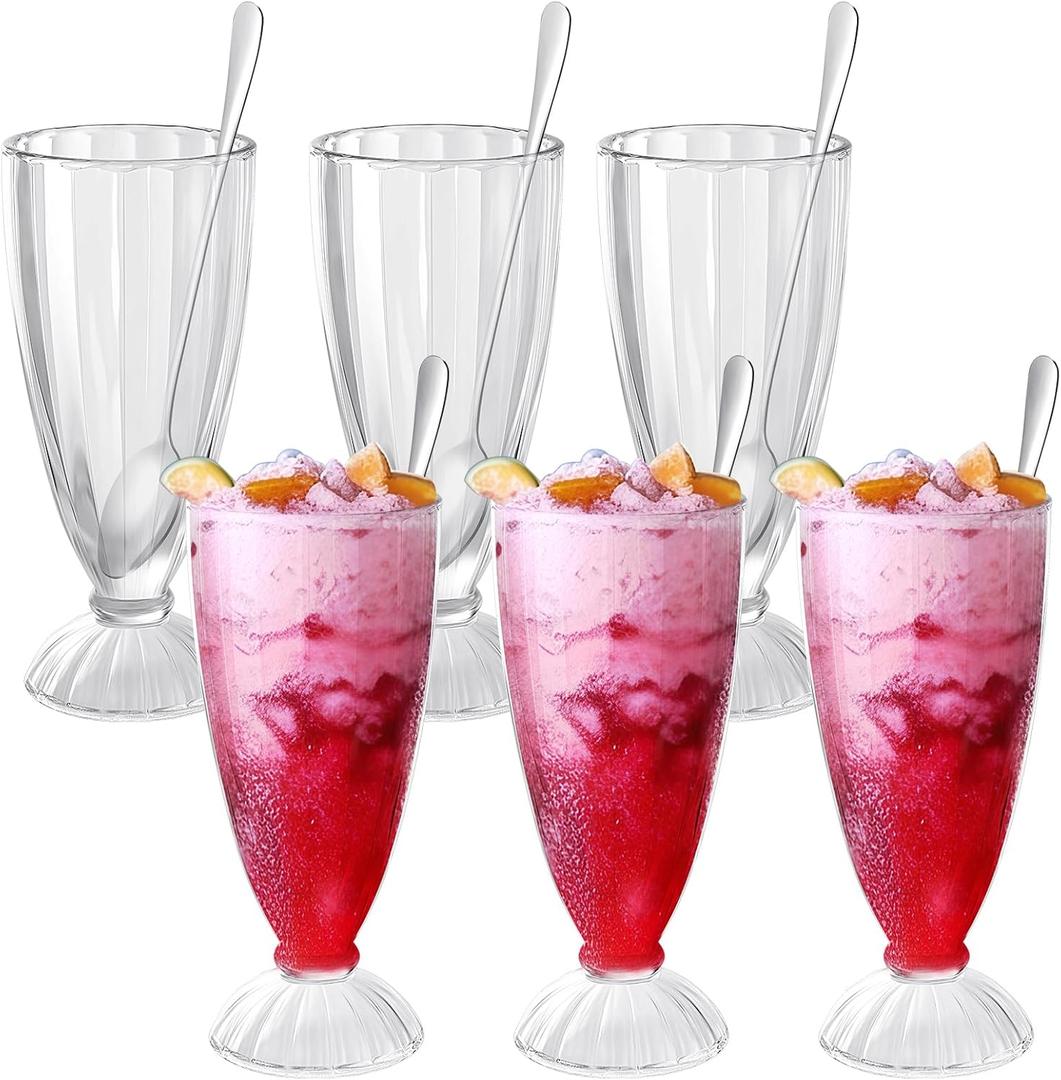 Maxcheck 6 Set 12 oz Milkshake Glass with Long Metal Spoons Clear Ice Cream Soda Glasses Fountain Shoppe Classic Transparent Cup with Long Stainless Steel Spoons for Milk Shake Dessert Ice Cream