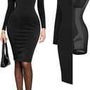Popilush Cocktail Dress Long Sleeve Square Neck Midi Dress Shapewear Tummy Control Bodycon Dress Party Evening Built in Bra, M