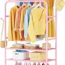 Furologee Pink Clothes Rack, Double Rods Clothing Racks for Hanging Clothes, Rolling Garment Racks with 3-Tier Shelves, Portable Rack with Wheels for Bedroom, Laundry, Living Room