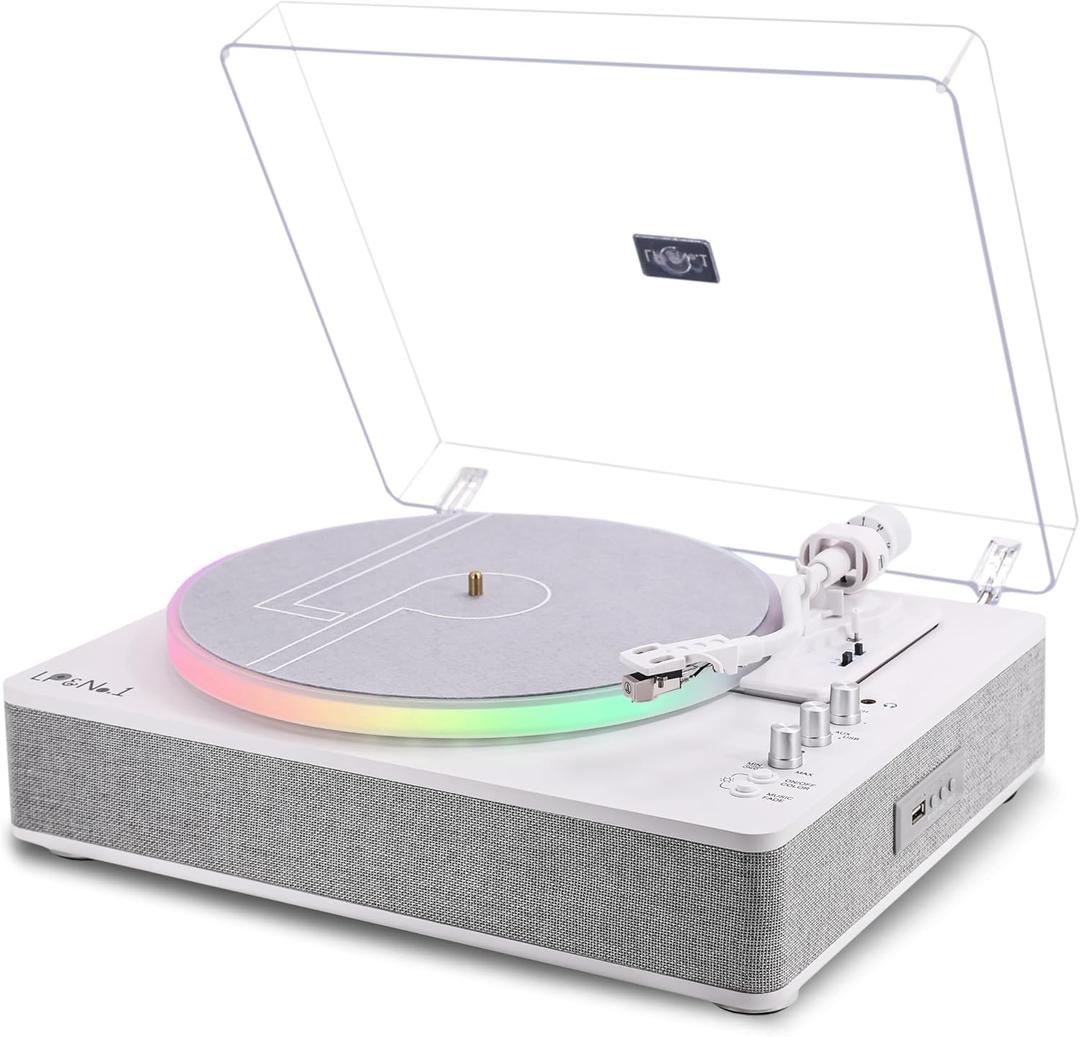 LP&No.1 Record Player with Built-in 4 Stereo Speakers, LED Control, 2-Speed Belt-Drive All-in-One Turntable with USB Playback & Recording, BT Input/Output, AT-3600L Cartridge, Pitch Control | White