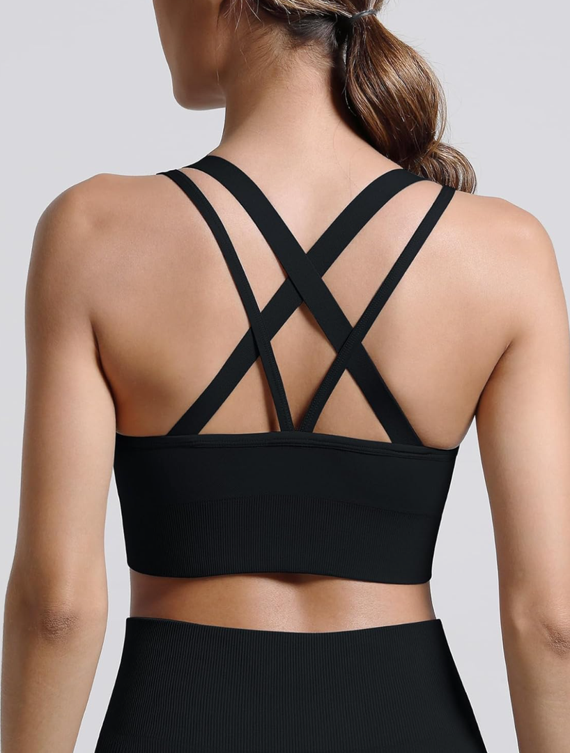 Strappy Sports Bras for Women, Scoop Neck Medium Support Yoga Bra Seamless Criss Cross Longline High Impact Workout Bras, Large