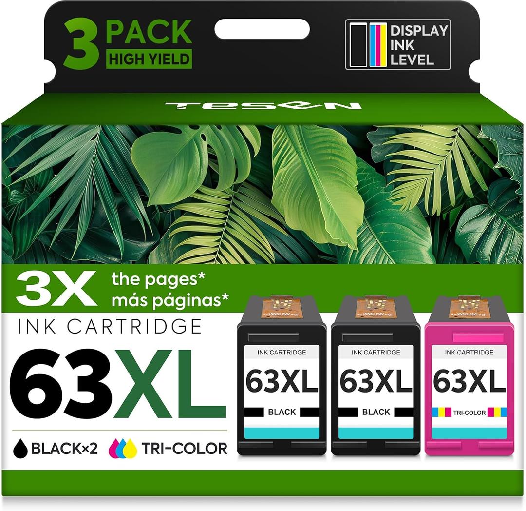 TESEN 63XL Ink Cartridge 2-Pack Black and Color Replacement for HP Ink 63 HP63 XL Compatible for HP 4650 5258 5200 3830 5255 4655 4652 5252 3630 36341112 4510 4520 Printer Display Ink Level