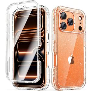 Lifedance Rugged Full-Body Case for iPhone 17 Pro, Built-in Screen Protector, 10FT Military Drop Tested, Clear Shockproof Phone Case Cover for iPhone 17 Pro 6.3", Clear Glitter