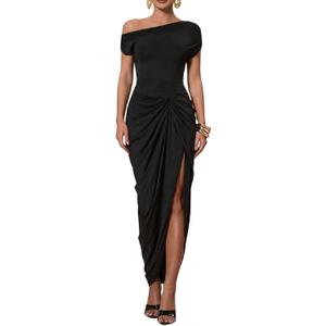Floerns Women's Elegant Long Dress Asymmetrical Off Shoulder Ruched Slit Bodycon Cocktail Dresses (Large, Black)