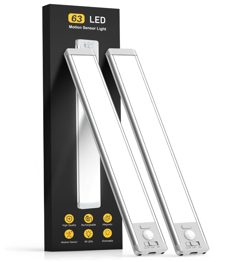 Under Cabinet Lighting Wireless, 15inch Rechargeable Motion Sensor Light Indoor, 3 Color Closet Light Battery Operated with LED Power Display, Magnetic Under Counter Lights for Kitchen, Home (2Pack)