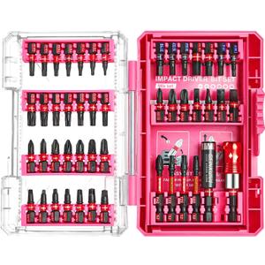 Geinxurn 48Pieces Impact Screwdriver Bits Set, Magnetic S2 Steel Phillips/Slotted/Square/Torx Insert Power Bits Tips, Impact Bit Holder with Pink Storage Box Case