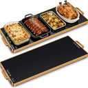 Electric Warming Tray (L 32"x12")Food Warmers for Parties Buffet with Thermostat & Full Surface Heating, Tempered Glass Warming Mat for Food, Temperature Adjustable Gold Handles Food Warming Mat