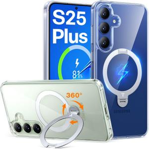 TORRAS 360Spin Magnetic Stand for Samsung Galaxy S25 Plus Case (2025), Fit for Magsafe Military Grade Shockproof Slim Protective S25+ Plus Case with Kickstand & Ring Holder, Ostand Spin, Clear