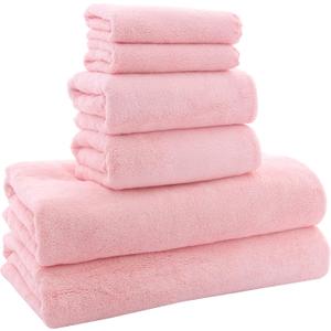 MOONQUEEN Ultra Soft Towel Set - Quick Drying - 2 Bath Towels 2 Hand Towels 2 Washcloths - Microfiber Coral Velvet Highly Absorbent Towel for Fitness, Bathroom, Sports, Yoga, Travel (Pink, 6 Pcs), 6 Piece Towel Set