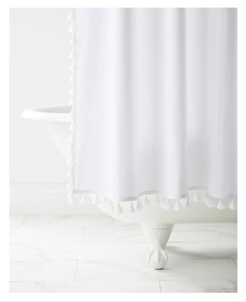 Shower Curtain, 70x80 Inch Long Boho Tassel Linen Fabric Thick Shower Curtain Set with Plastic Hooks, Large Modern Farmhouse Country Decorative Cloth Shower Curtain for Bathroom, White