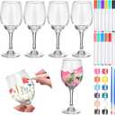 Pickmesh 4 Set Paint Your Own Glasses Kit for Adults 15 oz Wine Glass 12 Pcs DIY Markers 12 Colors Acrylic Paint with Brushes to Design Your Own Wine Glasses Gifts (High Feet)
