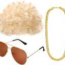 Gejoy Hippie Disco Costume Men Set Funky Afro Wig,Gold Celebrity Sunglasses Faux Gold Chain for 50/60/70s Party Accessories(Gold Hair)
