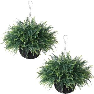 FOTEEWL Artificial Ferns Hanging Basket for Outdoor - 2 Sets Sun-Resistant Lifelike Plants Fake Fern Faux Greenery Bush for Porch, Home Garden, Farmhouse, Eaves, Yard Decor