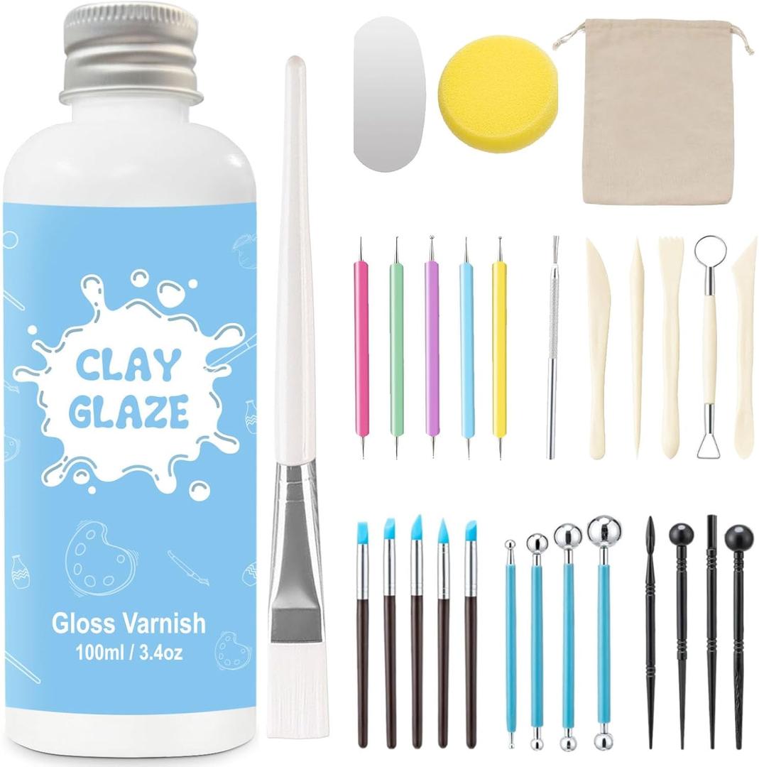 EIGTWEN 100ml Air Dry Clay Glaze and 29pcs Clay tools kit, Gloss Clay Varnish Protects Clay from Surface Wear, Pottery Tools Can be Used for Stippling, Carving, Molding, and Shaping Clay Crafts(Gloss)