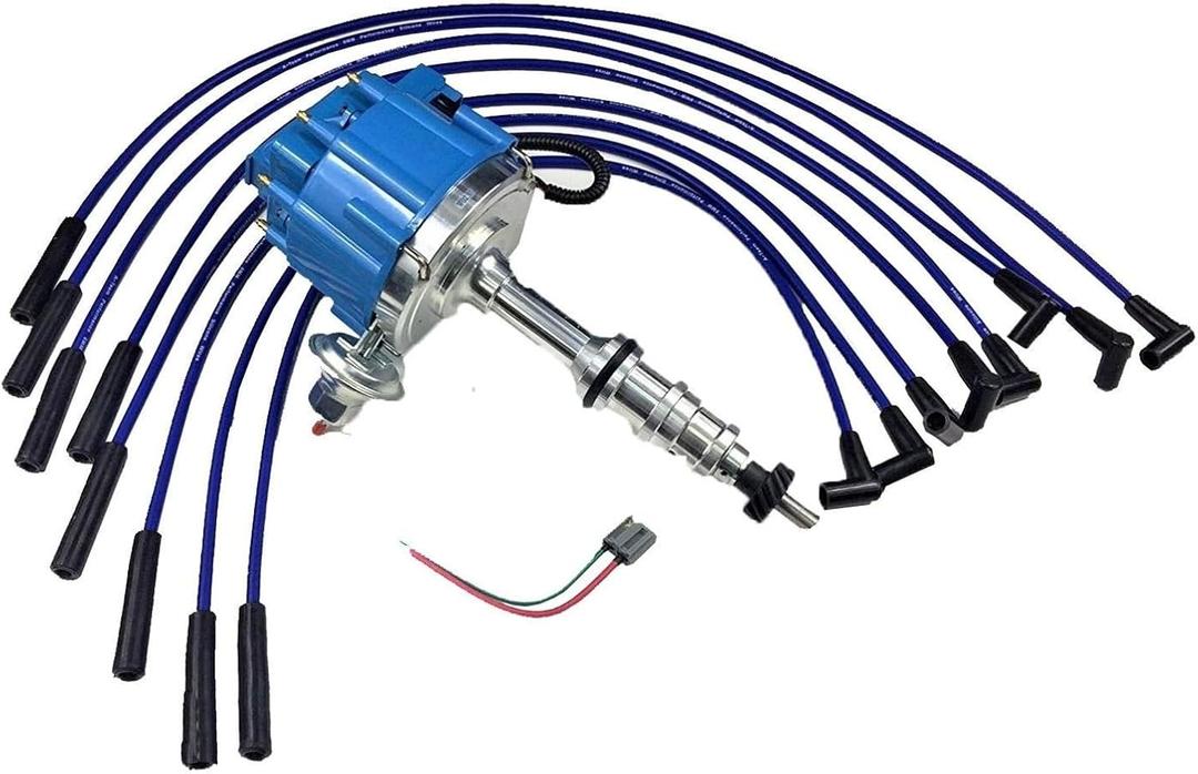 A-Team Performance 8mm Silicone Wire & Silicone Cap Kit for HEI Distributor - Blue - Compatible with Ford FE 332-428 - Distributor Cap Rotor Kit & Ignition Wires