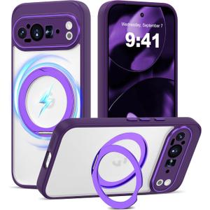 Compatible with Google Pixel 9 Pro Case with 360 Magnetic Ring Stand [Compatible with Mag-Safe ] Shockproof Translucent Phone Case for Google Pixel 9 Pro 6.3 inches,Purple