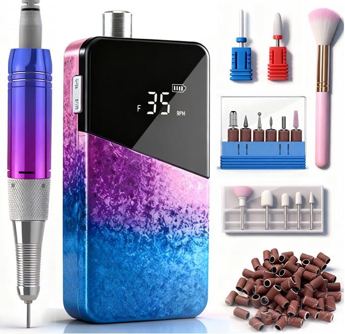 Professional Nail Drill, Lumcrissy 35000RPM Professional Nail File Machine, Rechargeable Efile for Acrylic Gel Nails with Ceramic Drill Bits Set& Sanding Bands for Manicure Salon Home Use (Rainbow)