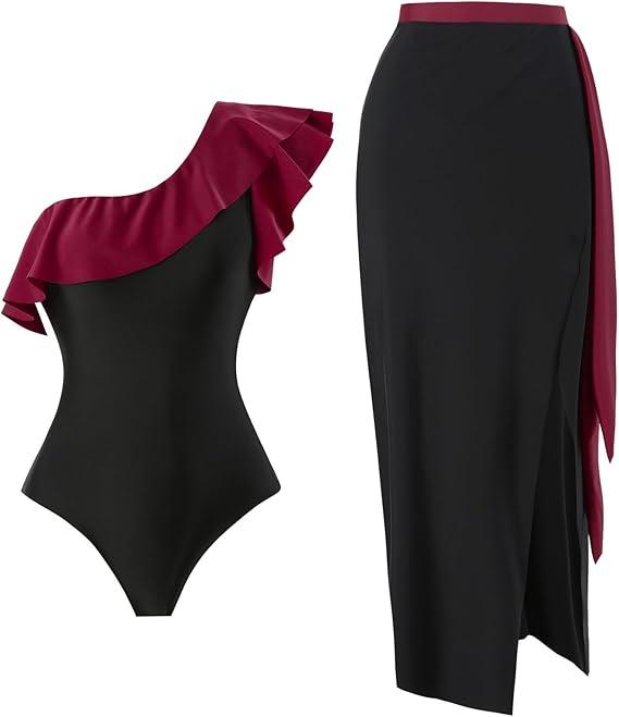 Women's 2 Piece Bikini Set with Long Cover Up Skirt, Ruffled One Shoulder Strap, Bathing Suit Size L