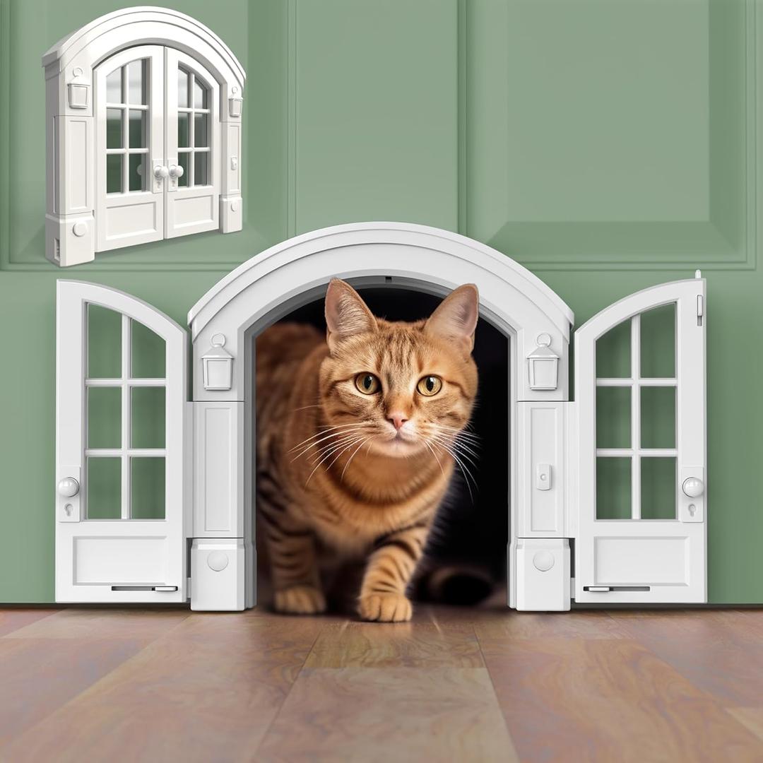 Purrfect Portal French Cat Door - Stylish No-Flap Cat Door Interior Door for Average-Sized Cats Up to 20 lbs, Easy DIY Setup, Secured Installation in Minutes, No Training Needed, 7.13 x 8.32 (White)