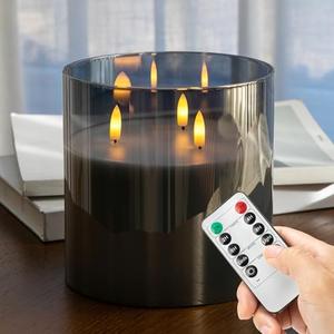 AFINETH Extra Large Flameless Candles with 3 Wicks, 6"x6" Glass Battery Operated Candles with Remote, Real Wax Flickering LED Candles Fake Candle for Home, Wedding, Party, Gray