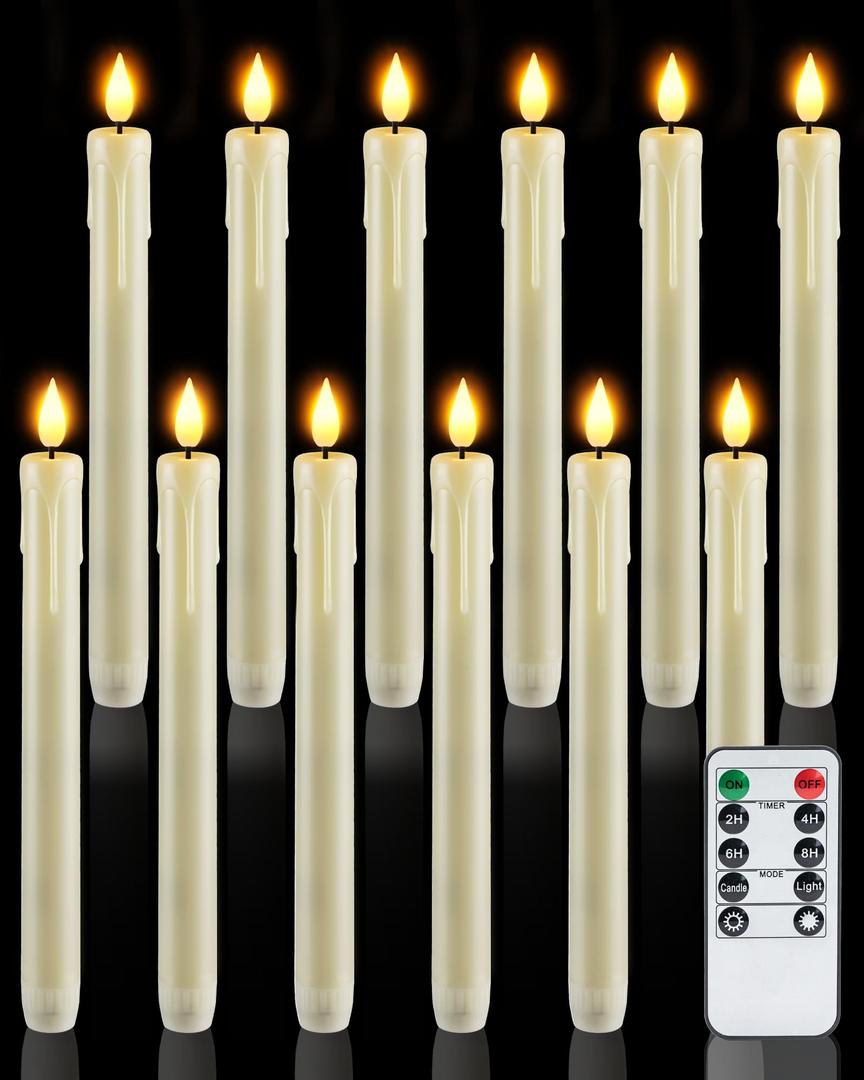 Homemory 11 Pcs Plastic Flameless Taper Candles with Remote Timer Dimmer, Ivory Led Candlesticks with Flickering Flame Light, Lifelike Taper Candles Battery Operated for Indoor Decoration 9.6 Inches