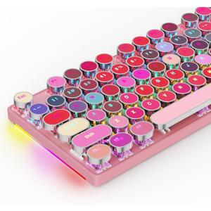 HUO JI Mechanical Gaming Keyboard Typewriter Style with RGB Side Lit and Rainbow Backlit, Retro Style, Blue Switches - Clicky, Metal Panel, Lipstick 104 Keys USB Wired for Mac, PC, Cute Pink