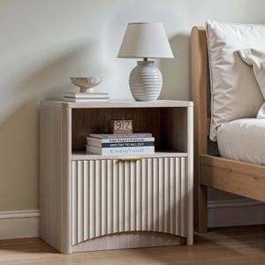 Evermagin Fluted Nightstand, Bedside Table with Drawer, White Alder, 1 Drawer, 15"D x 22.8"W x 23.6"H (Without Charging Station)