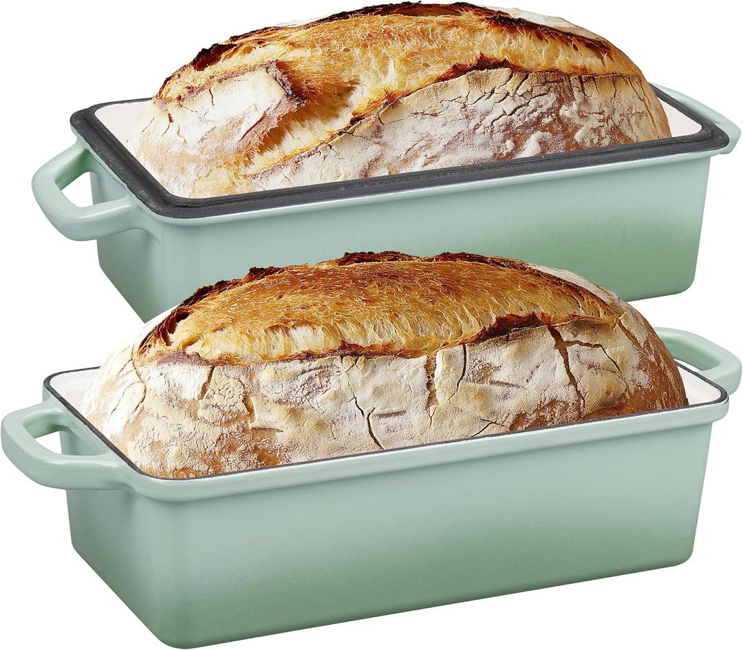 VORRINGARD Enameled Cast Iron Loaf Pan with Lid, Double Bread pan, Bread Dutch Oven for Sourdough Bread Baking, Cake, Meatloaf, 10X5.5 inch, 4 Quart, Green