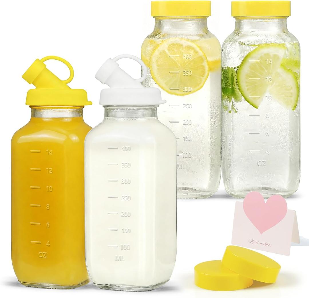 16 oz Glass Milk Bottles with Pour Dispenser, Reusable Juice Bottles with Airtight Lid for Fridge, Glass Pitchers with Scale, Gift for a New Mother