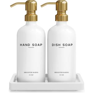 Luxury Glass Hand and Dish Soap Dispenser Set by Brighter Barns - Kitchen Soap Dispenser Set with Tray for Kitchen Sink - White and Gold Home Accessories & Decor for Restaurants, Airbnb, Gift (Gold)