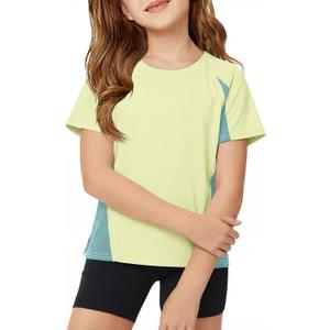 ZDC Kids Girls Athletic T Shirts Color Block Crewneck Gym Yoga Tees Casual Cute Basic Tees 5-14 Years (Yellow)