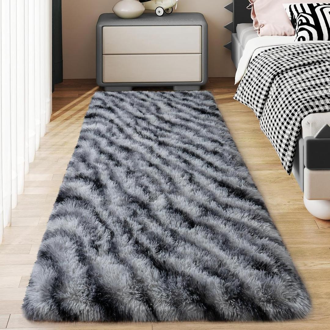 Soft Runner Rugs for Bedroom Hallways, 2x6 Black and White Fluffy Shag Throw Area Rug Non Slip for Bedside Dorm, Long Shaggy Furry Carpet for Nursery Living Room