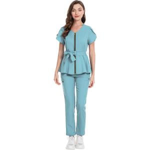 Scrub for Women Set - Cute Scrub Top & Pants with Zipper Multi Pocket, Anti Wrinkle, Slim Fit (Small, Light Blue)