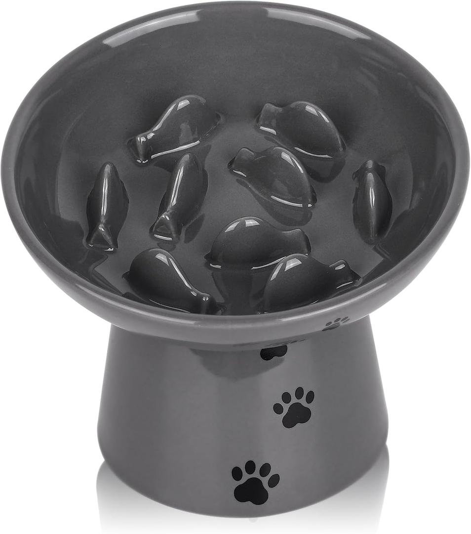 Y YHY Slow Feeder Cat Bowl, Ceramic Cat Slow Feeder Bowl, 6 Inches, Elevated, Anti Vomiting for Dry and Wet Food, Gray