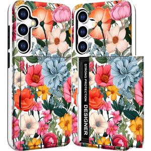 Compatible with Samsung Galaxy S24+ Plus / S25+ Plus Case Wallet Cute for Women with Design,Rugged Credit Card Holder Slot Protective Phone Skin Cases - Pink Blossom Floral Autumn