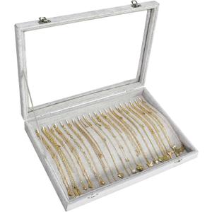 Necklace Organizer Box with Clear Lid Velvet Tray for Jewelry Storage Display Case, 20 Hooks Glass Top Drawer Insert Necklaces Pendants Dustproof Necklace Jewelry Box Organizer & Tray (Grey)