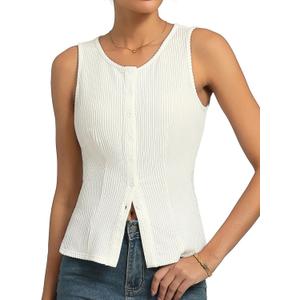 Kate Kasin White Sleeveless Tank Top Woman, Going Out Tops Trendy 2026, Button Up Ribbed Sweater Vest Summer L