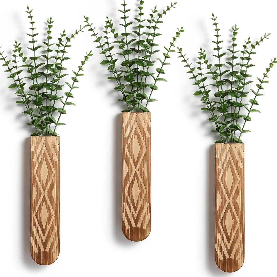 3 Pack Wood Wall Planter, Boho Wall Vase for Hallway Decor and Bathroom Decor, Modern Farmhouse Decor, Wooden Hanging Planter for Holding Dried Flowers and Faux Greenery (Log Color-a)