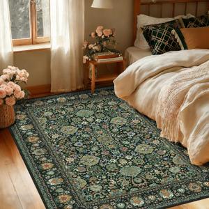 Dark Green Rug 3x5 Area Rug with Non-Slip Backing, Washable Rugs for Bedroom Living Room Kitchen, Distressed Carpet Printed Low-Pile Soft Dorm Rug Room Decor