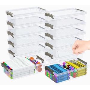 GEOPHIA 8 Pack Extra Large Pencil Box with Removable Divider, Thickened Pencil Case Bulk, Clear Crayon Marker Organizer Stackable Plastic Small Storage Containers for Pen Craft School Supplies (Grey)