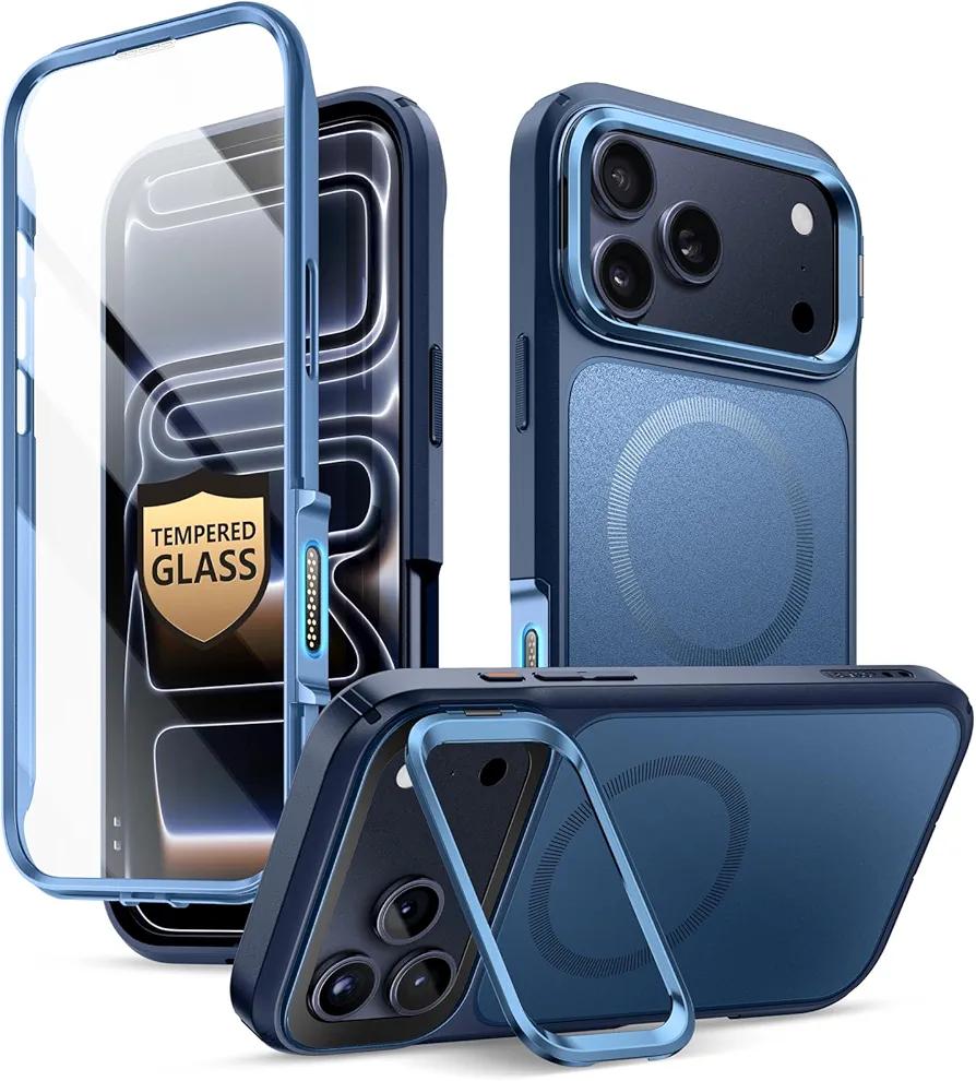 i-Blason for iPhone 17 Pro Max Case MagSafe with Stand [9H+ Tempered Glass Screen Protector] [Camera Control Button Cover] Military-Grade Protection Full-Body Heavy Duty Magnetic Case, Blue