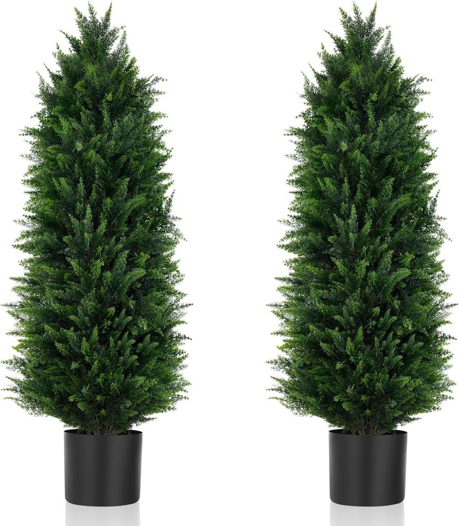 Yangrass 2Pack Artificial Topiary Cedar Trees, 4FT Artificial Cedar Pine Tree Potted UV Rated Plant Fake Plants Tall Artificial Plants Shrubs for Indoors Outdoors