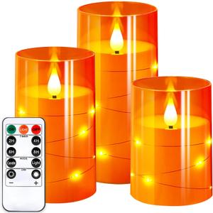 NURADA Flameless Candles with Remote Timers: Built-in Star String Lights 3D Wick Battery Operated Flickering LED Electric Candles for Halloween Thanksgiving Dinner Tables Fall Home Decor Orange 3 Pack