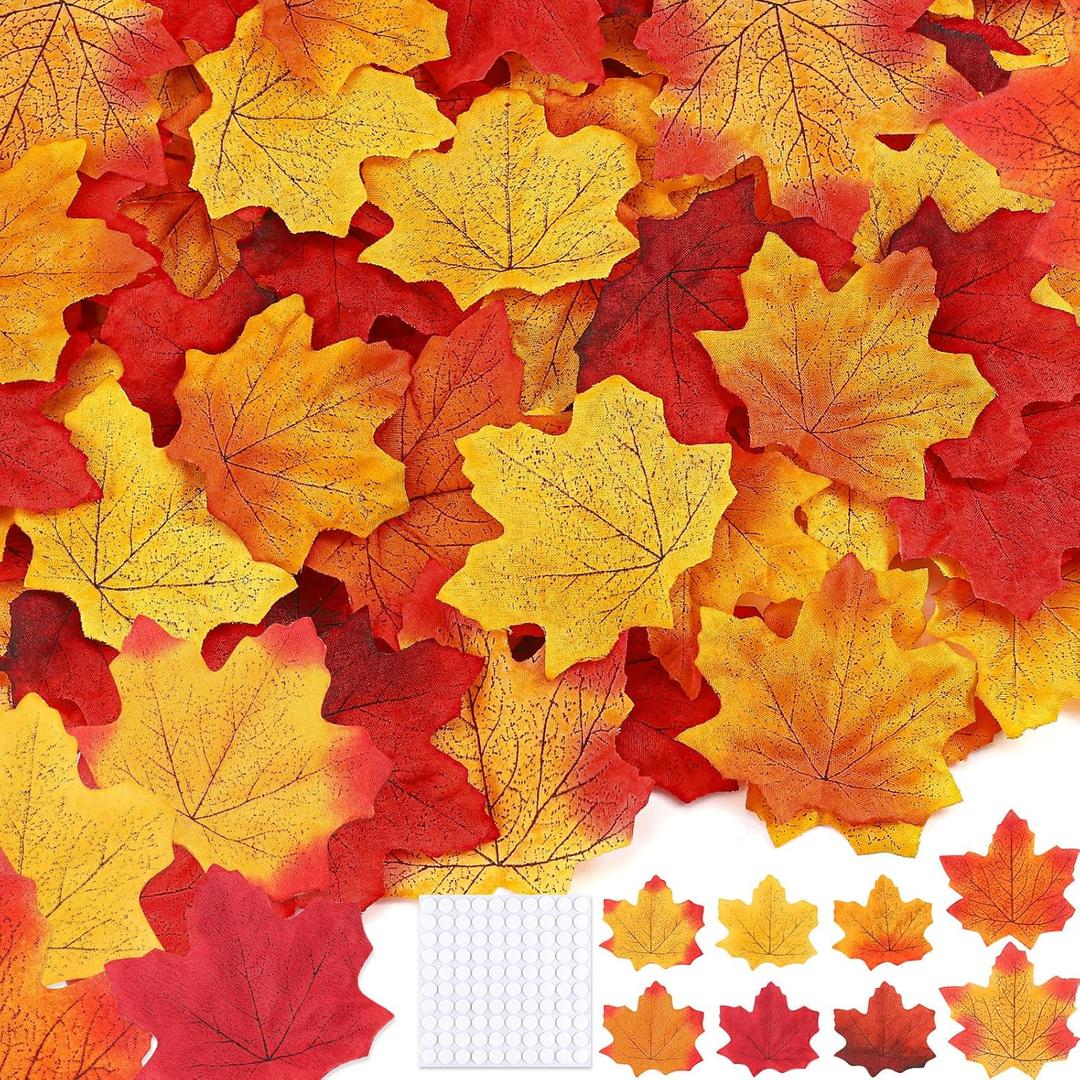 Fall Leaves Set 7 Colors Artificial Autumn Maple Leaf Decor with 100 Glue Dots Perfect for Wreath and Bouquet Making, Weddings, Halloween, Thanksgiving Decoration