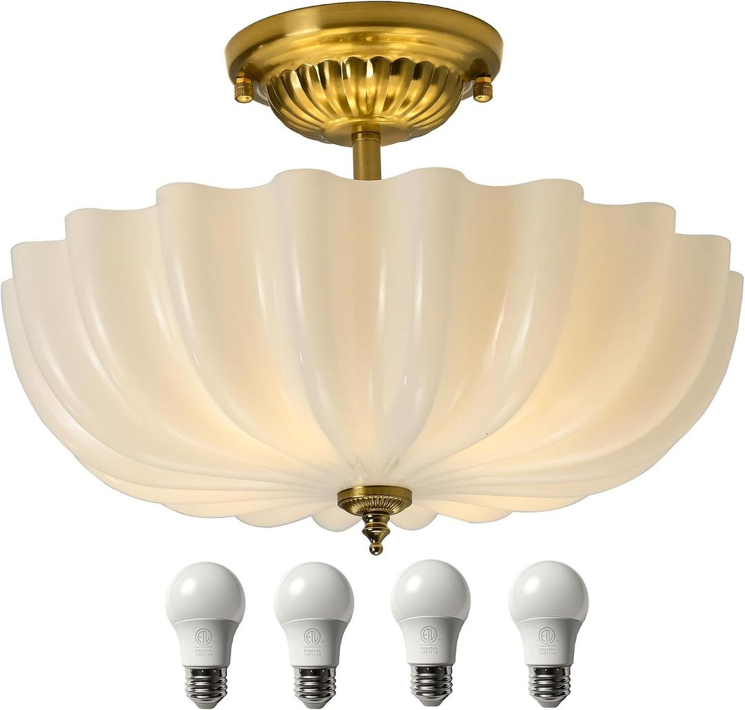 15.75-Inch Gold Semi Flush Mount Ceiling Light Milk Glass Lampshade Fixture Mid Century Modern 4-Light (Dimmable 4 Bulb is Included) Brass for Hallway Bedroom Foyer Entryway