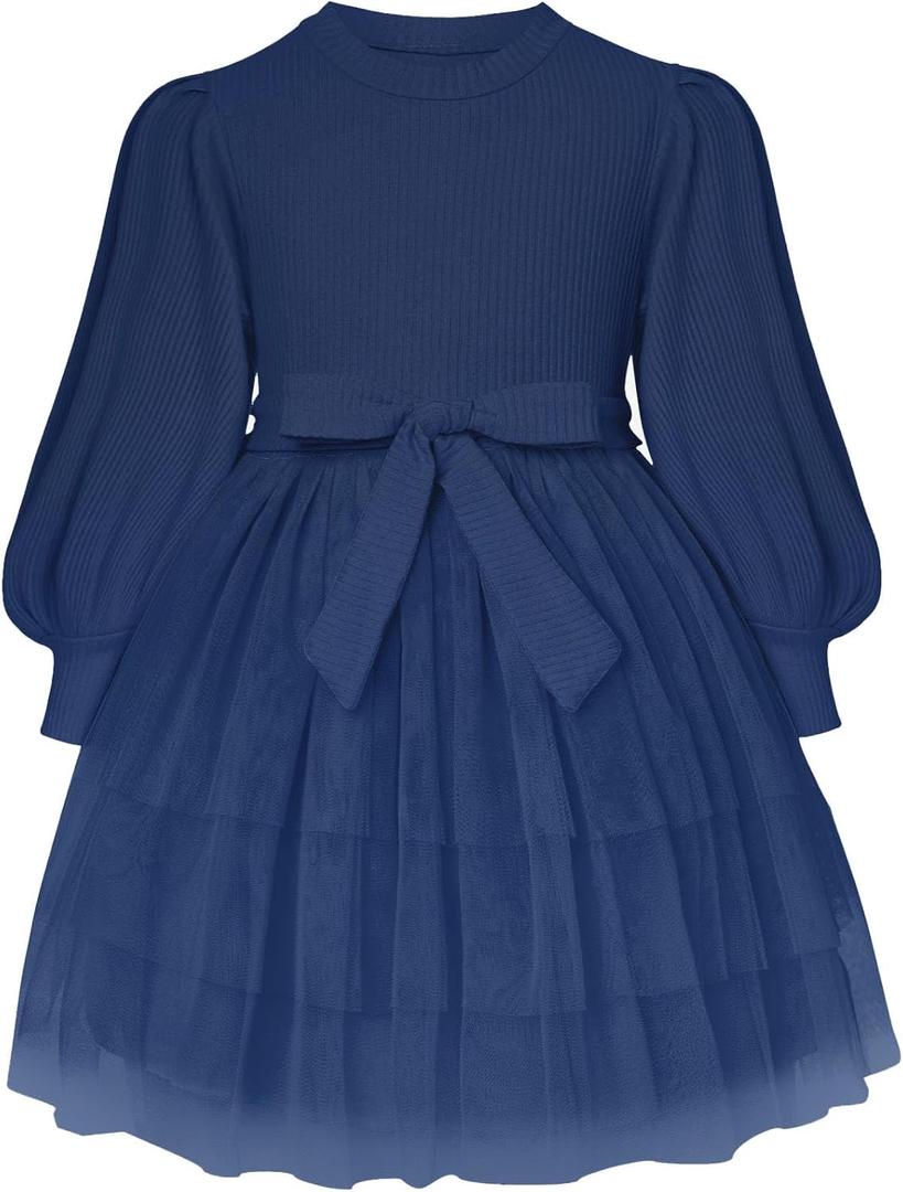 Toddler Girl Tulle Dress Puff Long Sleeves Tutu Dresses with Tie Belt for Princess Brithday Party 5-6T