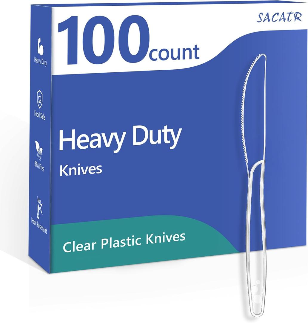 SACATR 100 Count Heavy Duty Plastic Knives Disposable, BPA-Free Clear Plastic KnivesSuitable for Party, Events and Everyday Use