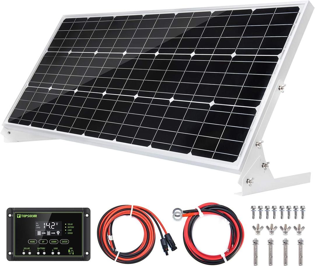 Topsolar 100W 12V Solar Panel Kit Battery Charger 100 Watt 12 Volt Off Grid System for Homes RV Boat + 30A Solar Charge Controller + Solar Cables + Brackets for Mounting