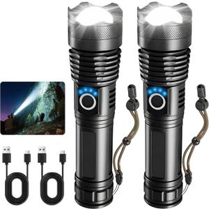 Rechargeable LED Flashlights High Lumens, Super Bright Handheld Flashlight Battery Powered with 5 Modes, Waterproof Powerful Zoomable Flash Light for Home, CampingEmergencies, Outdoor, 2 Pack